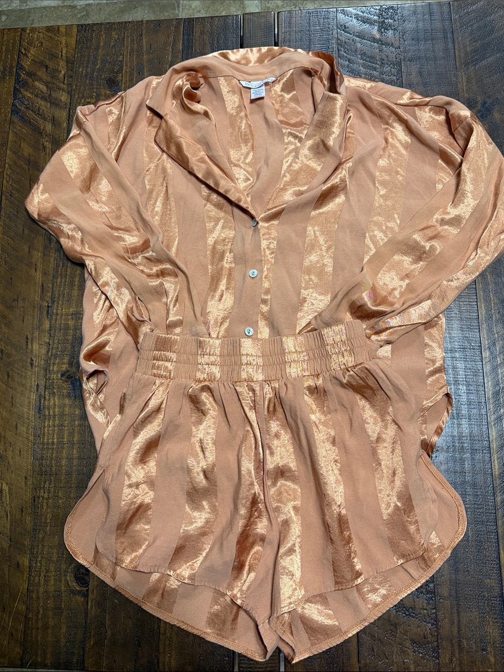 Victoria's Secret Satin-Striped Button PJ Set in Peach
